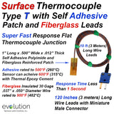 Surface Thermocouple Type T Fast Response with Surface Mount Adhesive Patch and 120 inches of 30 Gage Fiberglass Insulated Wire with Miniature Connector