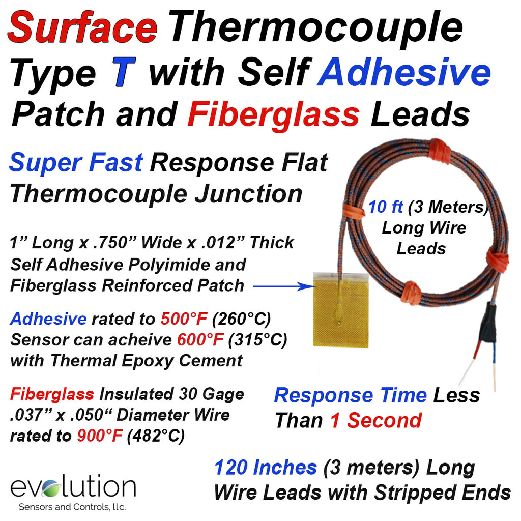 Surface Thermocouple Type T Fast Response with Surface Mount Adhesive Patch and 120 inches of Fiberglass Insulated Wire with Stripped Leads