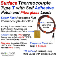 Surface Thermocouple Type T Fast Response with Surface Mount Adhesive Patch and 120 inches of Fiberglass Insulated Wire with Stripped Leads