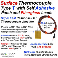 Surface Thermocouple Type T Fast Response with Surface Mount Adhesive Patch and 120 inches of Fiberglass Insulated Wire with Stripped Leads