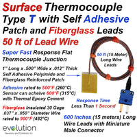 Type T Surface Thermocouple - 50 ft of Lead Wire - Fast Response Design with Self Adhesive Surface Patch and Miniature Connector