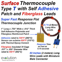 Surface Thermocouple Type T Fast Response with Surface Mount Adhesive Patch and 80 inches of 30 Gage Fiberglass Insulated Wire with Miniature Connector