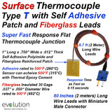 Surface Thermocouple Type T Fast Response with Surface Mount Adhesive Patch and 80 inches of 30 Gage Fiberglass Insulated Wire with Miniature Connector