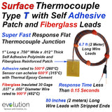 Surface Thermocouple Type T Fast Response with Surface Mount Adhesive Patch and 80 inches of 30 Gage Fiberglass Insulated Wire with Stripped Leads