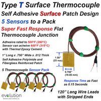 5 Pack of Type T Fast Response Surface Thermocouple with Self Adhesive Patch and 120 inches of Fiberglass Wire with Stripped Leads