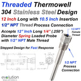 316 Stainless Steel Thermowell 12 Inch Long 10.5 Inch Insertion Depth with 1/2" NPT Threads for Process Connection and 1/2 NPT for 1/4" Diameter Probes