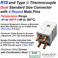 Dual Type U Thermocouple and RTD Standard Size Male Connector with Round Pins