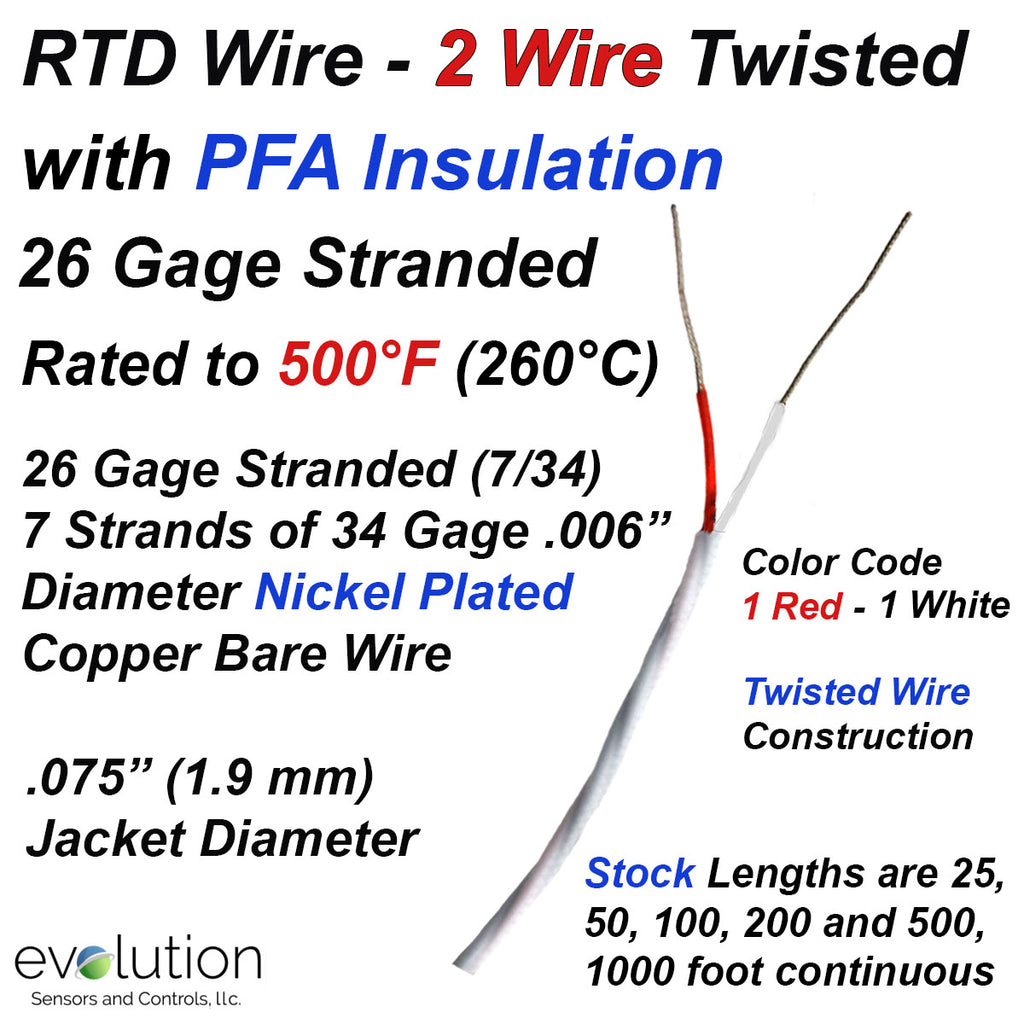 RTD Wire 2 Conductor Twisted 26 Gage Stranded PFA Insulated