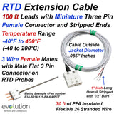 RTD Extension Cable - 4 to 70ft Leads with 3-Pin Flat Miniature Female Connector and Stripped Ends