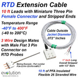 RTD Extension Cable with 3-Pin Mini Female with 10ft of Lead Wire with Stripped Ends