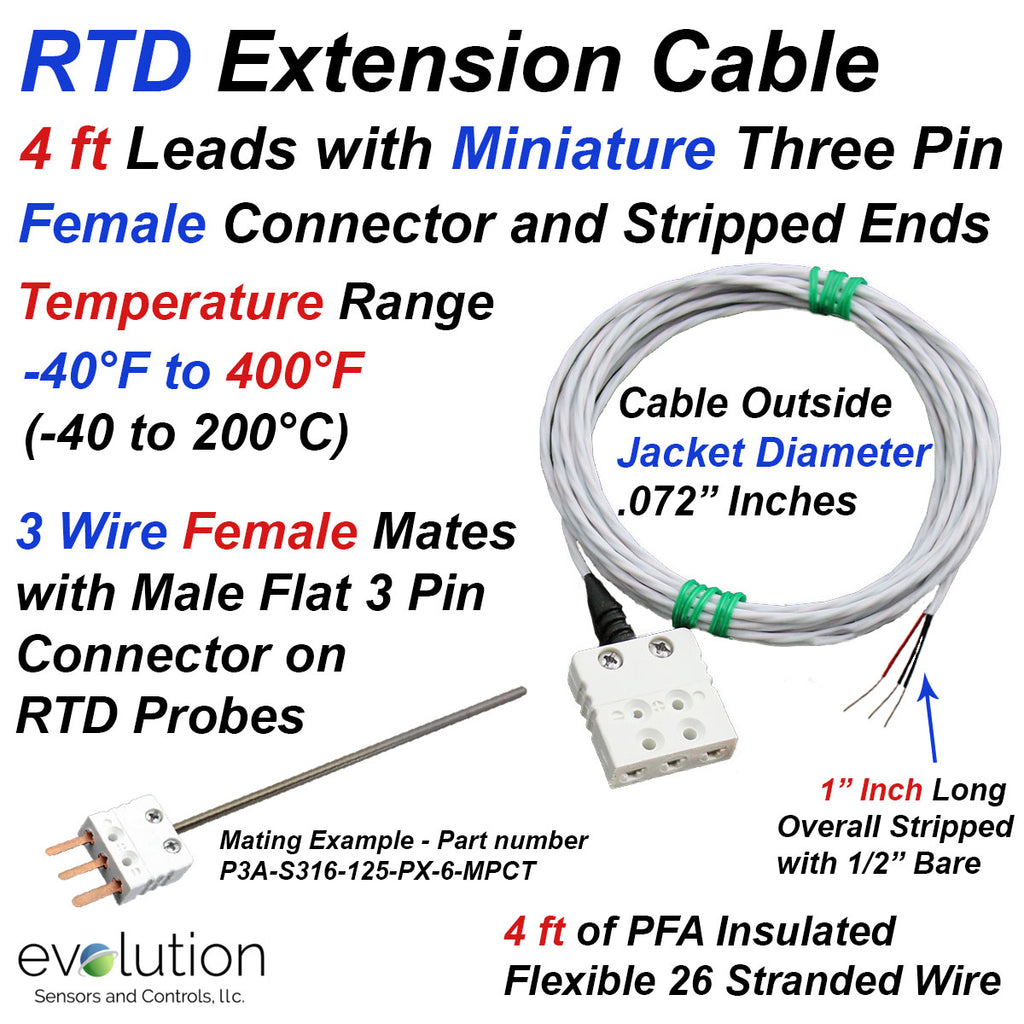 RTD Extension Cable with 3-Pin Mini Female and Stripped Wire Leads ...