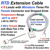 RTD Extension Cable with 3-Pin Mini Female with 4ft of Lead Wire with Stripped Ends