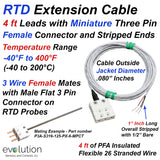 4 ft Long RTD Extension Cable with Miniature 3 Pin Female Connector and Stripped Ends Termination