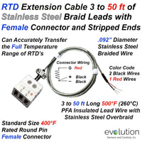 RTD Extension Cable Assembly 3 to 50 ft of Stainless Steel Braided Lead Wire