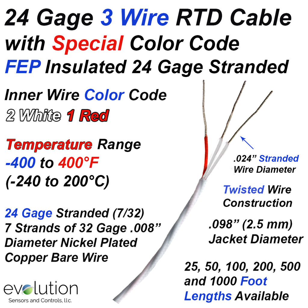24 Gage Stranded 3 Wire RTD Cable with Special Color Code FEP Insulated