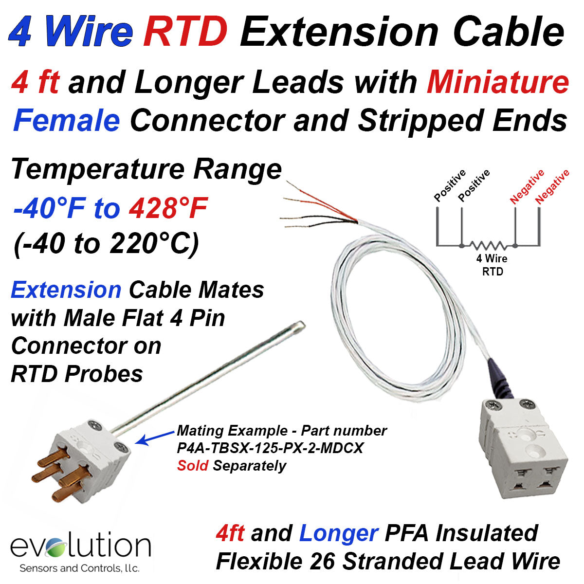 RTD Extension Cable with 4-Pin Mini Female and Stripped End Leads ...