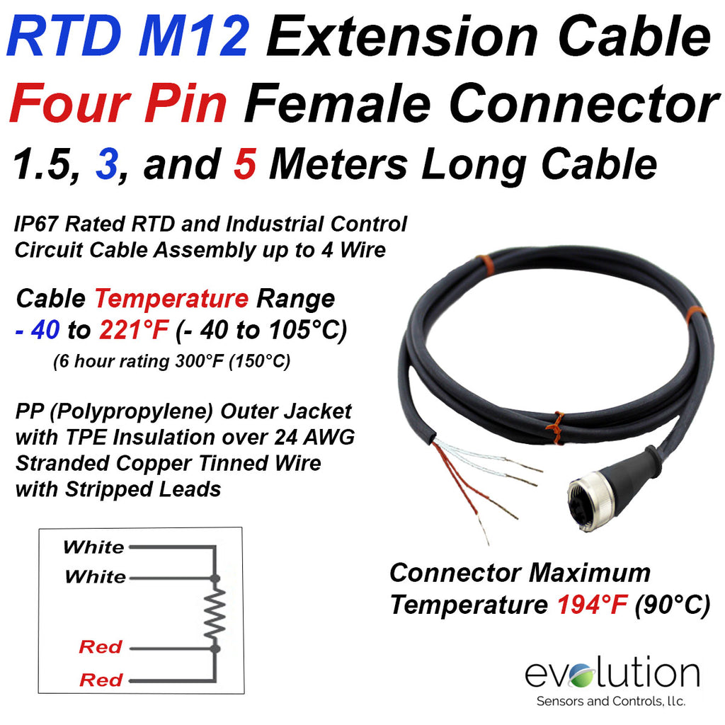 RTD M12 Connector Extension Cable Assembly Straight Connector Body