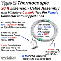 Type B Thermocouple Extension Cable 40ft Long with Ceramic Connector