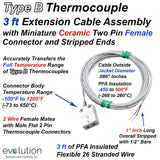Type B Thermocouple Extension Cable Assembly - 3ft to 20ft Long Wire Leads with Miniature Ceramic Female Connector and Stripped End Terminations