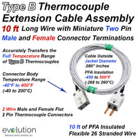 Type B Thermocouple Extension Cable Assembly - 3 to 10ft Long Wire Leads with Miniature Male and Female Connector Terminations