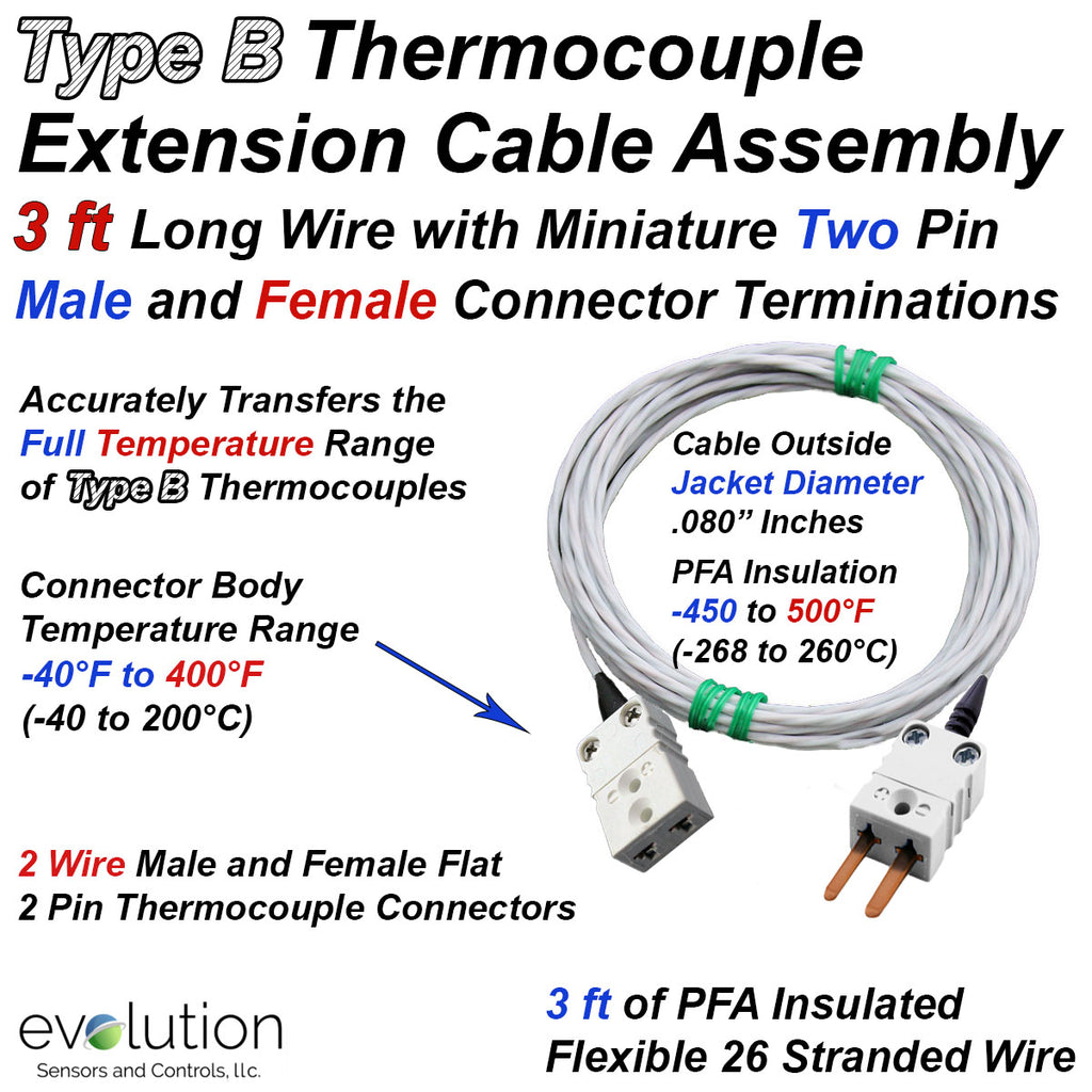 Type B Thermocouple Extension Cable Assembly - 3 to 10ft Long Wire Leads with Miniature Male and Female Connector Terminations