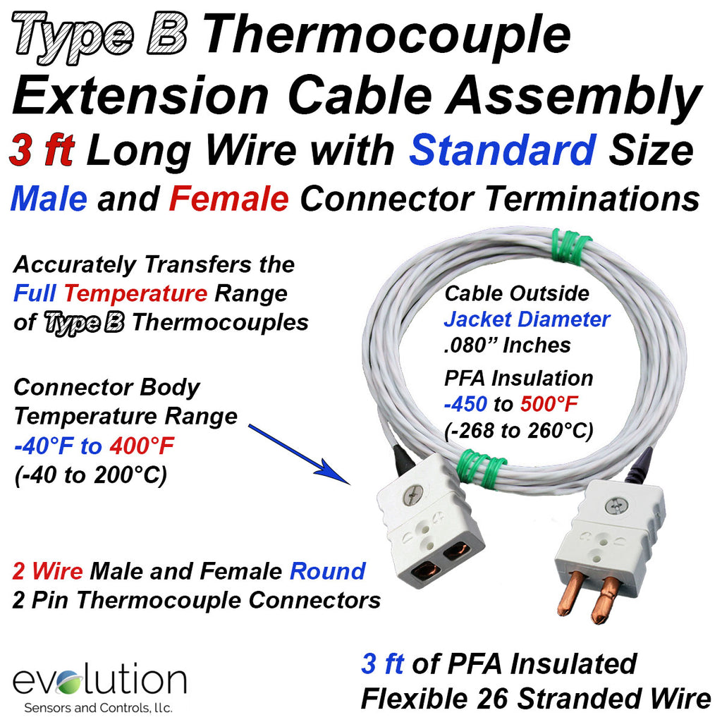 Type B Thermocouple Extension Cable Assembly - 3 to 10ft Long Wire Leads with Standard Size Male and Female Round Pin Connector Terminations