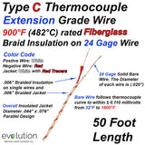 Type C Thermocouple Extension Wire Fiberglass Insulated 24 Gage Solid