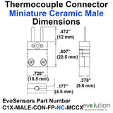 Type C Miniature Male Ceramic Thermocouple Connector - High Vacuum Design Dimesions