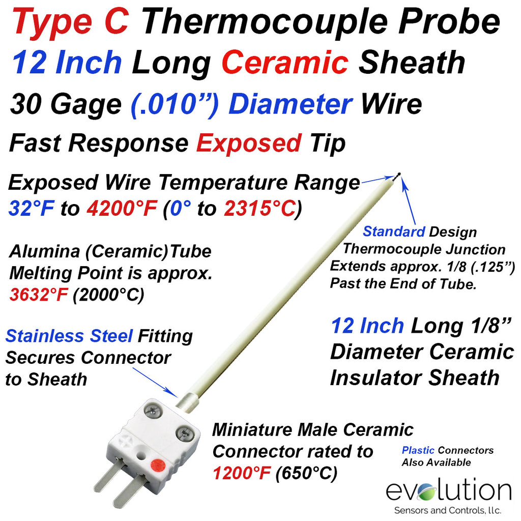 Type C Thermocouple 12 Inches Long with Miniature Ceramic Connector