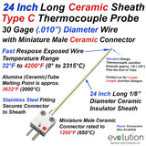 24 Inch Long 1/8" Diameter Ceramic Sheath Type C Thermocouple Exposed 30 Gage Wire Junction with Miniature Plastic or Ceramic Connector