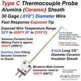 Type C Thermocouple Exposed Junction 30 Gage Wire with Ceramic Alumina 1/8" Diameter Sheath 6 Inches Long and Miniature Connector