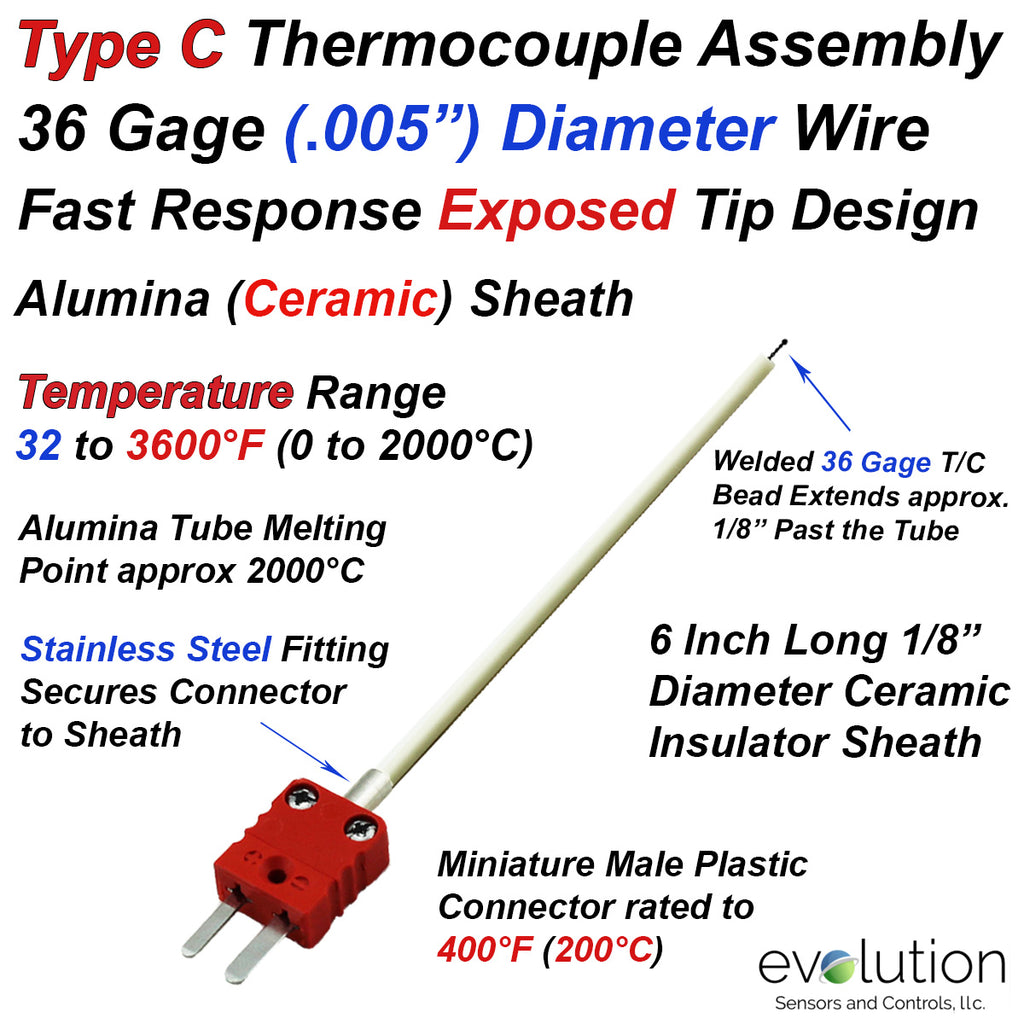 Type C Thermocouple Assembly 36 Gage Diameter Wire for Fast Response. Exposed Junction with a 1/8" Diameter Ceramic Alumina Insulator 6 Inches Long and Miniature Connector