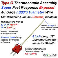 Type C Thermocouple with Super Fast Response 40 Gage Exposed Junction and 1/8