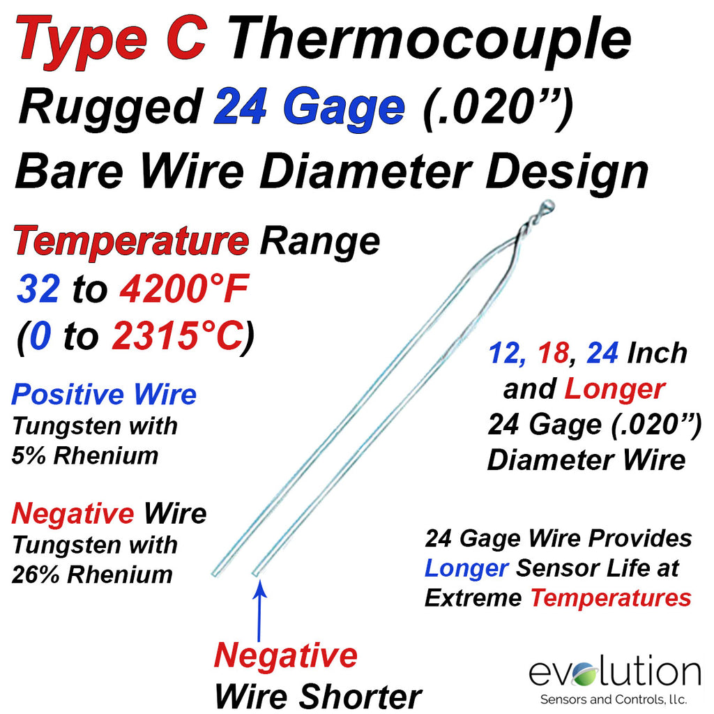 Type C Thermocouple made from Rugged 24 Gage Diameter Bare Wire