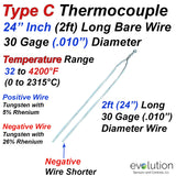 Type C Thermocouple - Beaded Bare Wire Design - 30 Gage (.010") Diameter 12 Inches Long