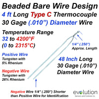 4ft Long Type C Beaded Thermocouple with Small Diameter 30 Gage Wire