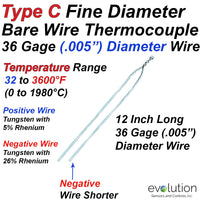 Type C Bare Wire Thermocouple Fine Diameter 36 Gage 12 Inches Long