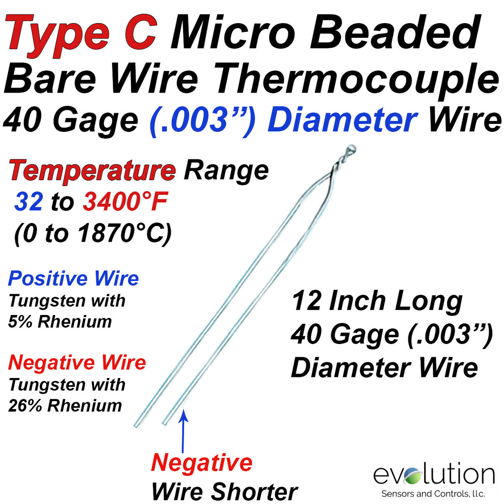 Type C Thermocouple Micro Beaded 40 Gage (.003") Diameter 12 Inches Long