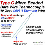 Type C Thermocouple Micro Beaded 40 Gage (.003") Diameter 12 Inches Long