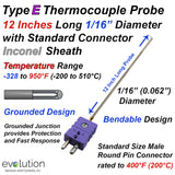 Type E Thermocouple Probe 1/16" Diameter 12 Inches Long with a Standard Size Male Round Pin Connector