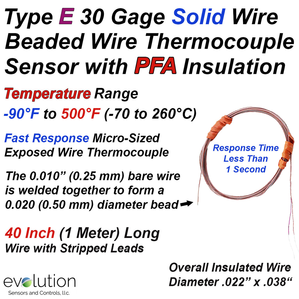 Thermocouple Beaded Wire Sensor Type E 30 Gage PFA Insulated 40 inches long with Stripped Leads
