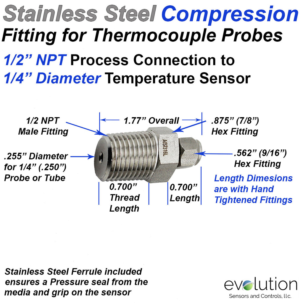 Stainless Steel Compression Fitting 1/2 NPT to 1/4 Inch Thermocouple