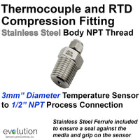 Thermocouple and RTD Compression Fitting Stainless Steel 1/2 NPT to 3 mm Probe