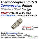 Thermocouple Compression Fitting Stainless Steel 14 NPT to 1/8" Diameter Sensors