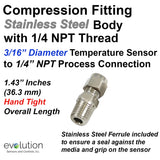 1/4 NPT Stainless Steel Compression Fitting for 3/16" Diameter Probes
