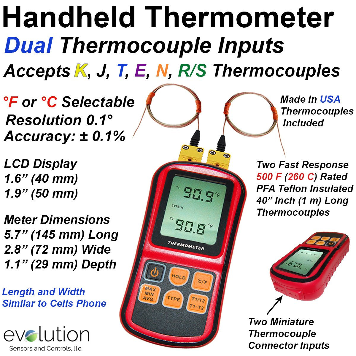 DANOPLUS High Accuracy Digital K-Type Thermocouple Thermometer (-501300Ac) with Dual Channels 4 Probes (Wired & Stainless Steel)