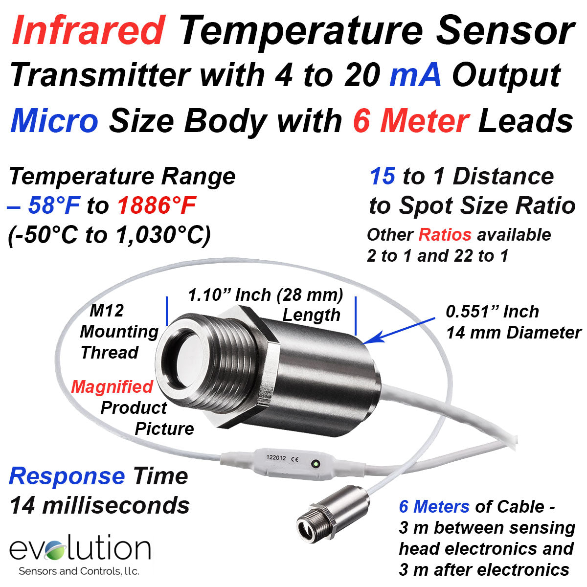 Micro Infrared Temperature Sensor and Transmitter with 4-20 mA Output and 6  Meters (20ft) Long Leads