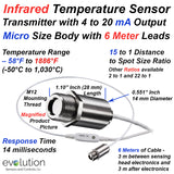 Micro Infrared Temperature Sensor and Transmitter with 4-20 mA Output and 6 Meters (20ft) Long Leads