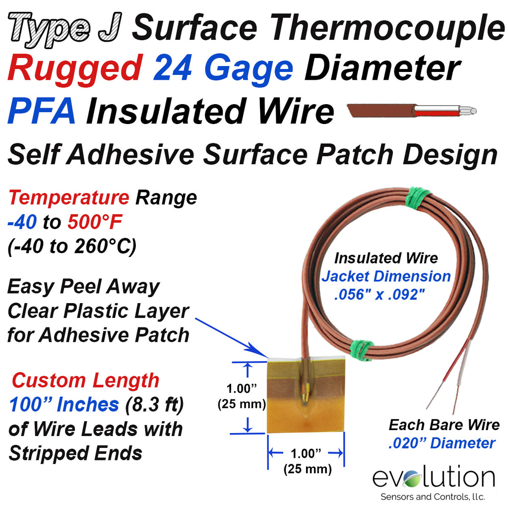 Type J Surface Thermocouple with Custom Length of Rugged 24 Gage Wire