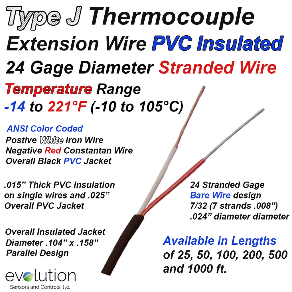 Stranded Wire For Extention Type J Thermocouple Extension Wire 24 Gage Stranded PVC Insulated ...
